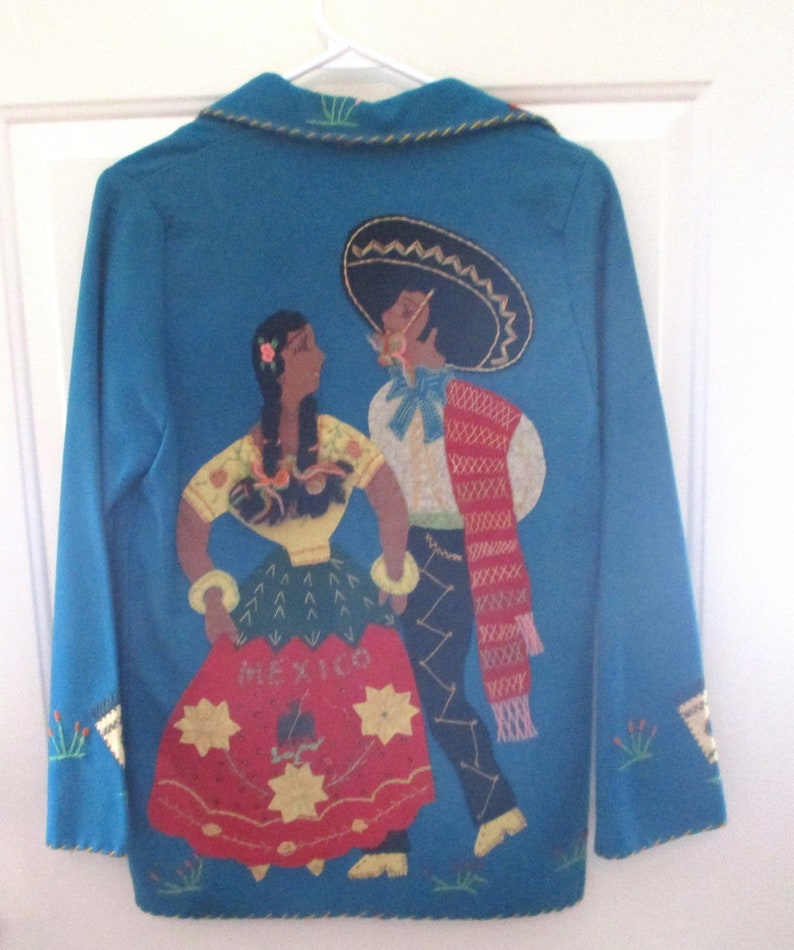 Mexico Vintage 1950s Childs Deep Teal Embroidered Felt JacketCoat With Two Pockets Sombrero Guitar Dancers