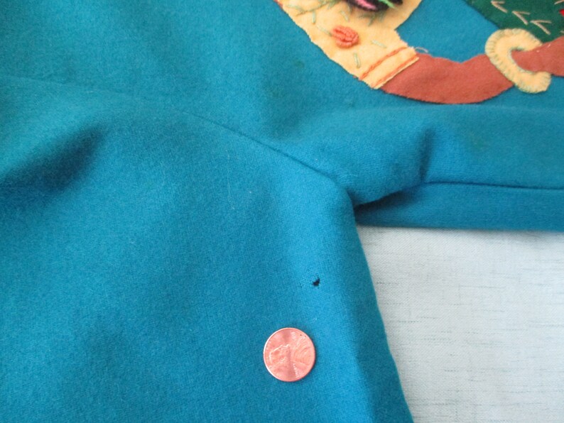 Mexico Vintage 1950s Childs Deep Teal Embroidered Felt JacketCoat With Two Pockets Sombrero Guitar Dancers
