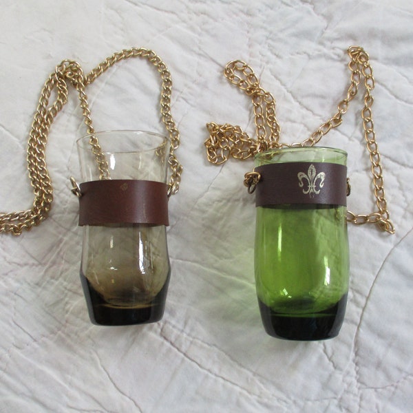 Vintage 1960s Hanging Glass Vase - Plant Rooter - Lot Of 2 Faux Leather Strap - Gold-tone Chain - Fleur-de-lis - Brown - Green