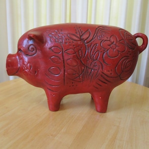 Vintage 1960s Large Red Ceramic Piggy Bank With Cork Stopper - California Pottery USA - Farmhouse Decor - Country Decor