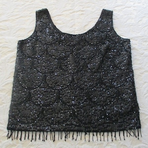 Vintage Black Heavy Beaded Ladies Sleeveless Top - Size M - Made In Hong Kong - Fully Lined - Fancy - Elegant - Holiday - Free Shipping