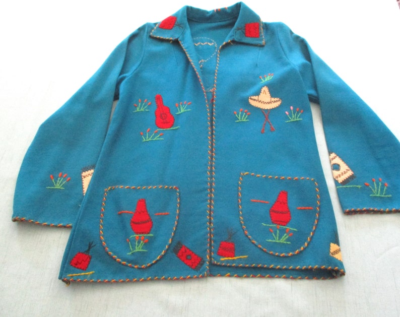 Mexico Vintage 1950s Childs Deep Teal Embroidered Felt JacketCoat With Two Pockets Sombrero Guitar Dancers