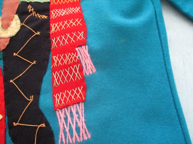 Mexico Vintage 1950s Childs Deep Teal Embroidered Felt JacketCoat With Two Pockets Sombrero Guitar Dancers