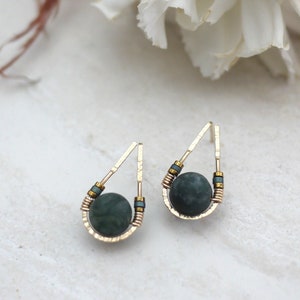 Teardrop Earrings Moss Agate Studs, Green Stone Earrings, Agate Stud Earrings, Moss Agate Jewelry