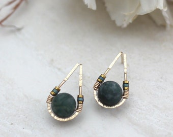 Teardrop Earrings Moss Agate Studs, Green Stone Earrings, Agate Stud Earrings, Moss Agate Jewelry