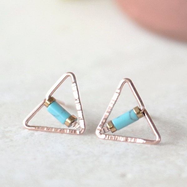 Tiny Triangle Post Earrings, Gold Triangle Earrings, Stone Silver Studs,  Gifts for Her,  Dainty Stone Earrings, Bent Wire Small Earrings