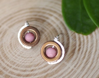 Circle Studs, Pink Stone Earrings, Hammered Earrings, Hematite Earrings, Minimalist Earrings,  Three Tone Earrings, Rhodonite Earrings