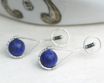 Lapis Lazuli Earrings, Silver Drop Earrings,  Teardrop Earrings, Stone Earrings, Wire Earrings, Statement Earrings , Modern Earrings, Studs