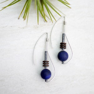 Lapis Lazuli Art Deco Style Statement Drop Earrings, Long Silver Dangle Earrings, Gold and Lapis Earrings