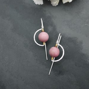 Pink Stone Earrings, Gold Filled Half Moon Earrings, Drop Earrings, Pink Rhodonite Threaders image 1