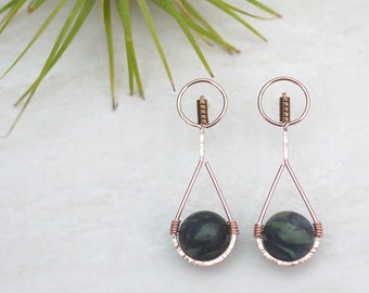 Green Jasper Earrings, Stone Drop Posts, Minimalist Earrings,  Teardrop Shape, Statement Jewelry, Hammered Wire Earrings, Gift Jewelry