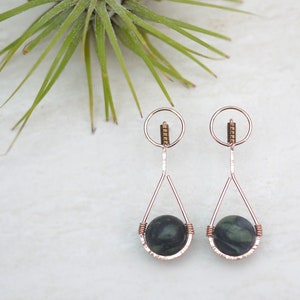 Green Jasper Earrings, Stone Drop Posts, Minimalist Earrings,  Teardrop Shape, Statement Jewelry, Hammered Wire Earrings, Gift Jewelry