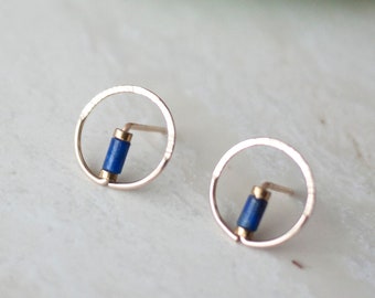 Minimalist Studs, Gold Filled Studs, Circle Earrings, Circle Stone Earrings, Indigo Earrings, Tiny Lapis Earrings, Gift Jewelry