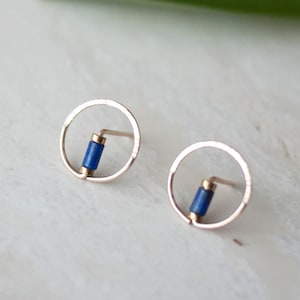 Minimalist Studs, Gold Filled Studs, Circle Earrings, Circle Stone Earrings, Indigo Earrings, Tiny Lapis Earrings, Gift Jewelry