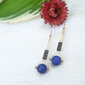 Minimal Long Gold Filled Earrings, Sterling Silver Drop Earrings, Lapis Lazuli Earrings, Evening Earrings