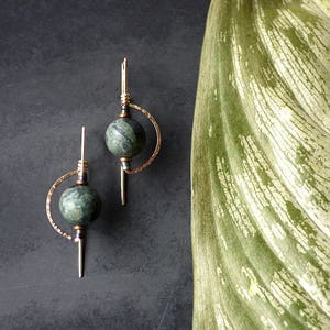 Deco Style Rose Gold Fill Drop Threader Earrings with Jasper and Hematite
