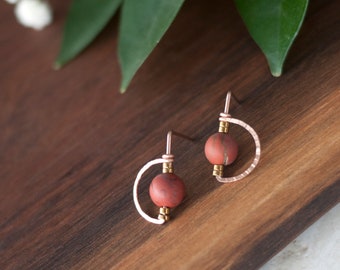 Small Minimal Studs, Hammer Wire Earrings, Red Jasper Posts, Half Moon Earrings, Gift Jewelry, Natural Stone Jewelry, Earthy Jewelry