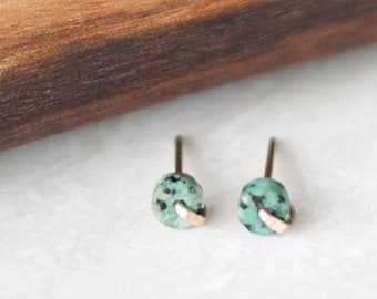 Tiny African Turquoise Earrings, Natural Stone Stud Earrings, Silver Stone Earrings, Gifts for Her, Gold Fill Earrings, Dainty Stone Studs