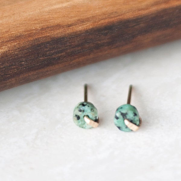 Tiny African Turquoise Stud Earrings: 14K Gold Fill or Sterling Silver
