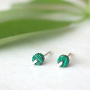 Tiny Green Stud Earrings, Malachite Earrings, Silver and Green Studs,  Gold Fill Studs, Gift For Her, Green Stone Earrings,  Stone Studs