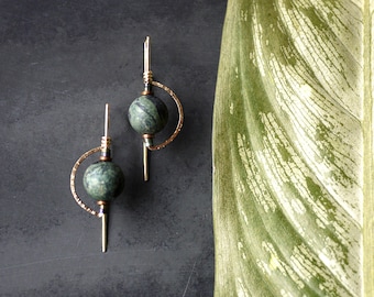 Deco Style Rose Gold Fill Drop Threader Earrings with Jasper and Hematite