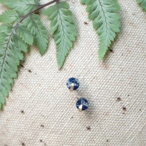 May include: A pair of blue and white patterned earrings with silver posts. The earrings are on a white fabric background with a green fern leaf.