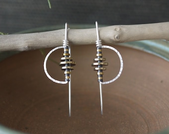 Minimal Feeder Earrings, Hammered Wire Half Moon Earrings, Gold Fill Dangle Earrings, Silver Feeder Earrings, Hematite Earrings