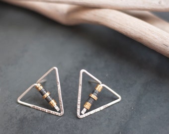 Minimalist Triangle Studs, Gold Fill Triangle Earrings, Hematite Beaded Post Earrings