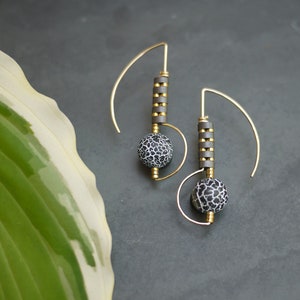 Gold Fill Drop Earrings, Snowflake Obsidian Earrings, Mixed Metal Earrings, Sculptural Bead Earrings, Black Gold Earrings image 2