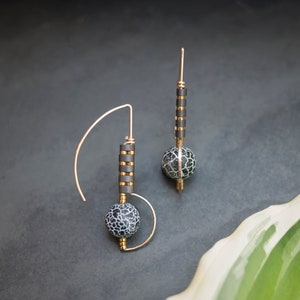 Gold Fill Drop Earrings, Snowflake Obsidian Earrings, Mixed Metal Earrings, Sculptural Bead Earrings, Black Gold Earrings image 1