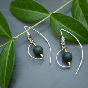 Silver Gold Fill Drop Threader Earrings with Matte Moss Agate Stone and Hematite Beads image 1