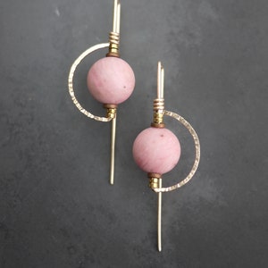 Pink Stone Earrings, Gold Filled Half Moon Earrings, Drop Earrings, Pink Rhodonite Threaders image 4