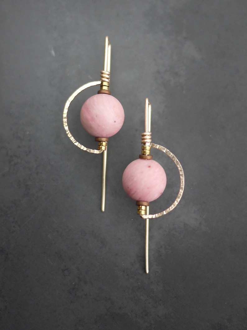 Pink Stone Earrings, Gold Filled Half Moon Earrings, Drop Earrings, Pink Rhodonite Threaders image 4