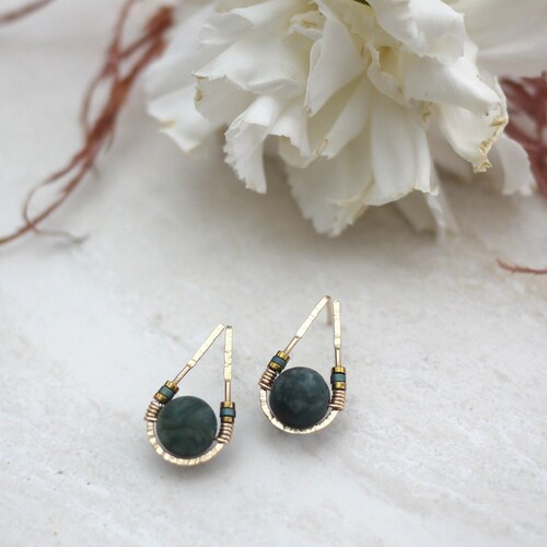 Moss Agate Teardrop Earrings: Gold Fill or Sterling Silver Studs
