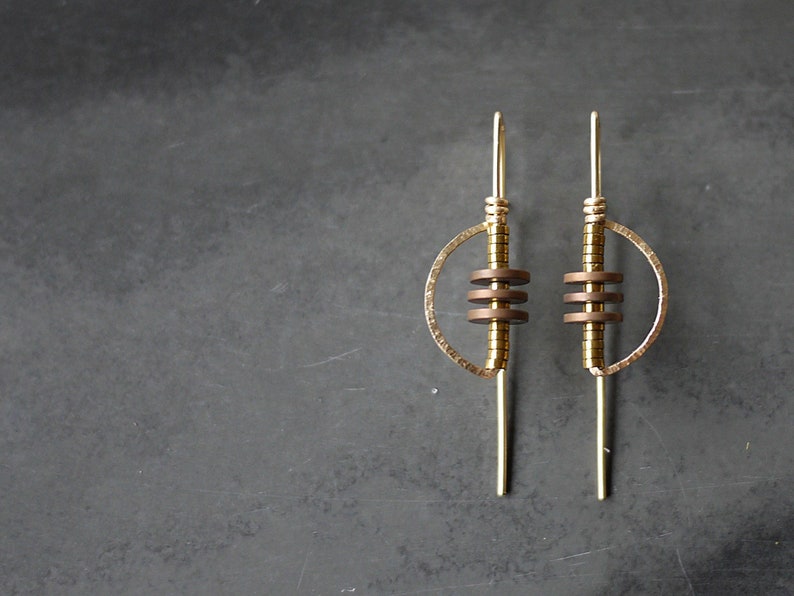 Minimal Feeder Earrings, Hammered Wire Half Moon Earrings, Gold Fill Dangle Earrings, Silver Feeder Earrings, Hematite Earrings image 1