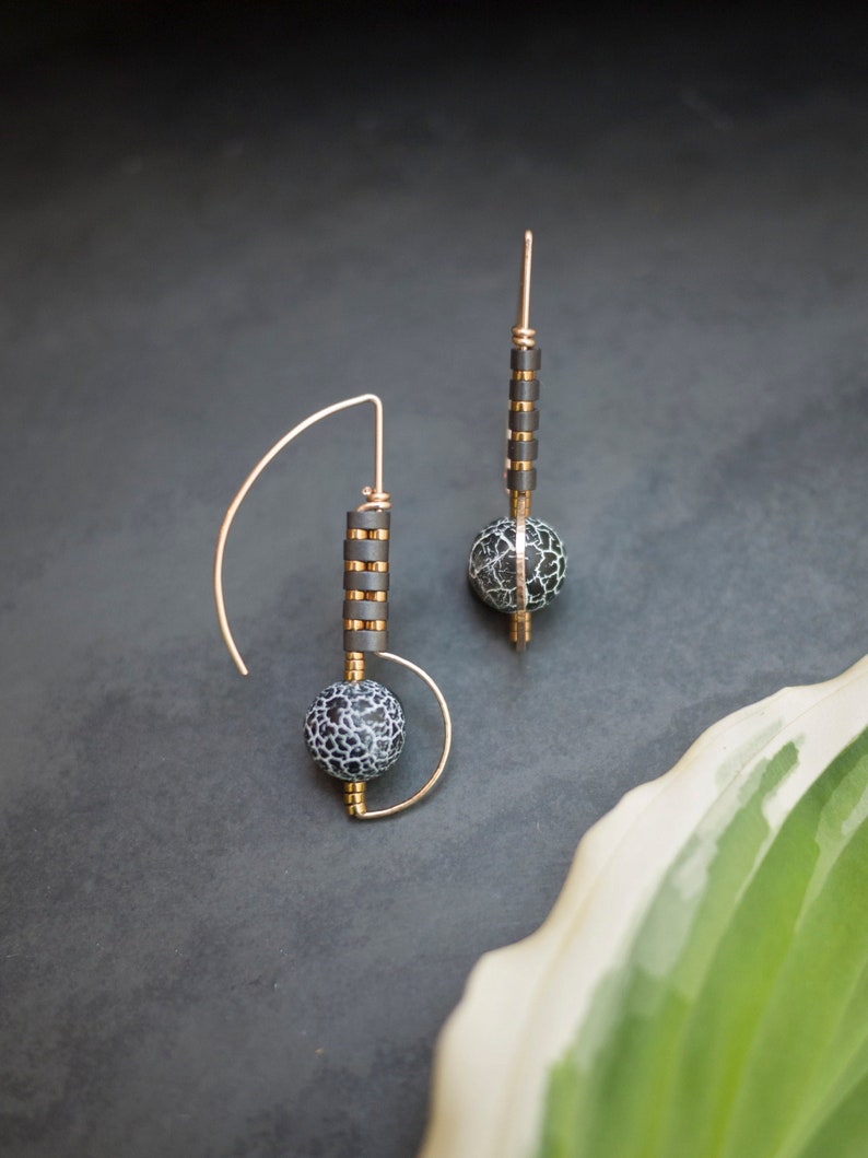 Gold Fill Drop Earrings, Snowflake Obsidian Earrings, Mixed Metal Earrings, Sculptural Bead Earrings, Black Gold Earrings image 1