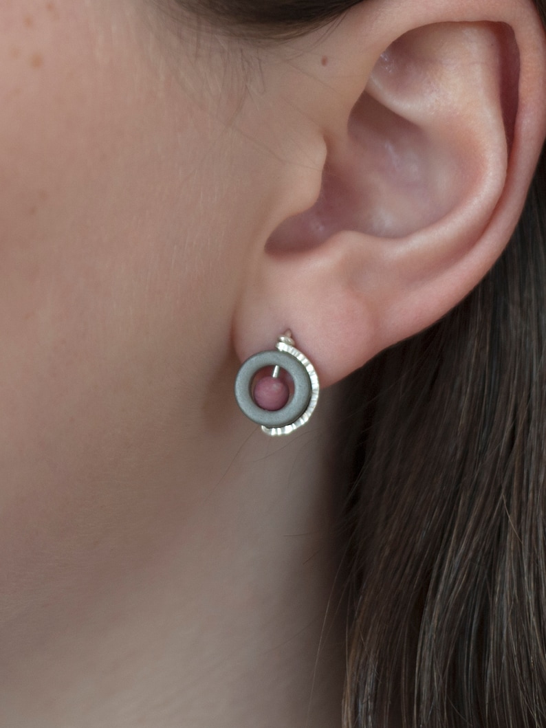 Circle Studs, Pink Stone Earrings, Hammered Earrings, Hematite Earrings, Minimalist Earrings, Three Tone Earrings, Rhodonite Earrings image 4