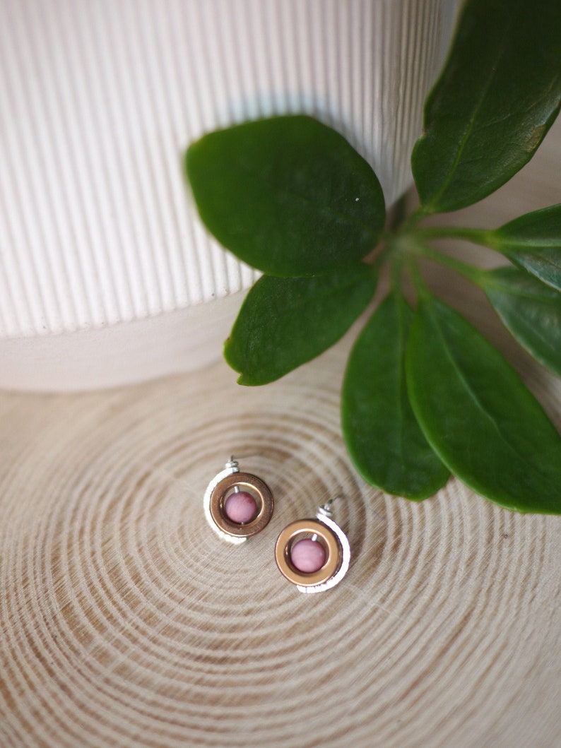 Circle Studs, Pink Stone Earrings, Hammered Earrings, Hematite Earrings, Minimalist Earrings, Three Tone Earrings, Rhodonite Earrings image 1