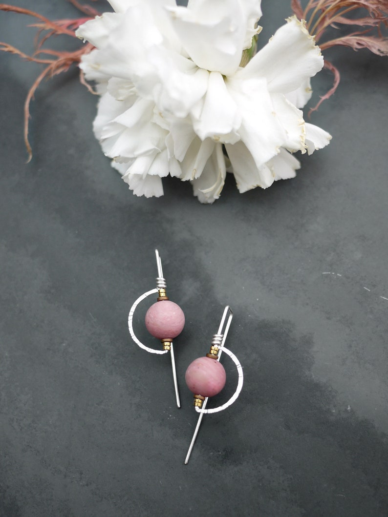 Pink Stone Earrings, Gold Filled Half Moon Earrings, Drop Earrings, Pink Rhodonite Threaders image 1