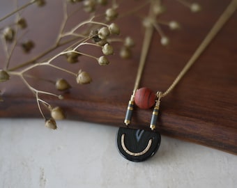 Gold and Stone Necklace, Red and Black Necklace, Red Jasper Pendant, Deco Inspired Jewelry, Fancy Stone Necklace, Black Agate Necklace