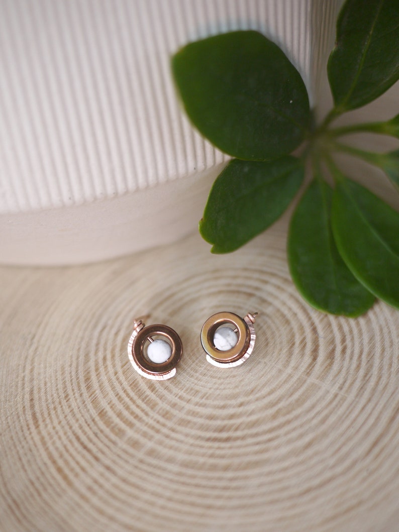 Circle Studs, Pink Stone Earrings, Hammered Earrings, Hematite Earrings, Minimalist Earrings, Three Tone Earrings, Rhodonite Earrings image 3
