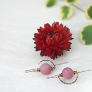 Pink Stone Earrings, Gold Filled Half Moon Earrings, Drop Earrings, Pink Rhodonite Threaders image 2