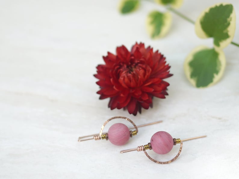 Pink Stone Earrings, Gold Filled Half Moon Earrings, Drop Earrings, Pink Rhodonite Threaders image 2