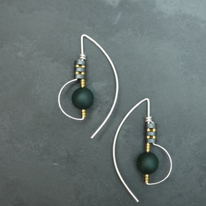 Silver Gold Fill Drop Threader Earrings with Matte Moss Agate Stone and Hematite Beads image 2