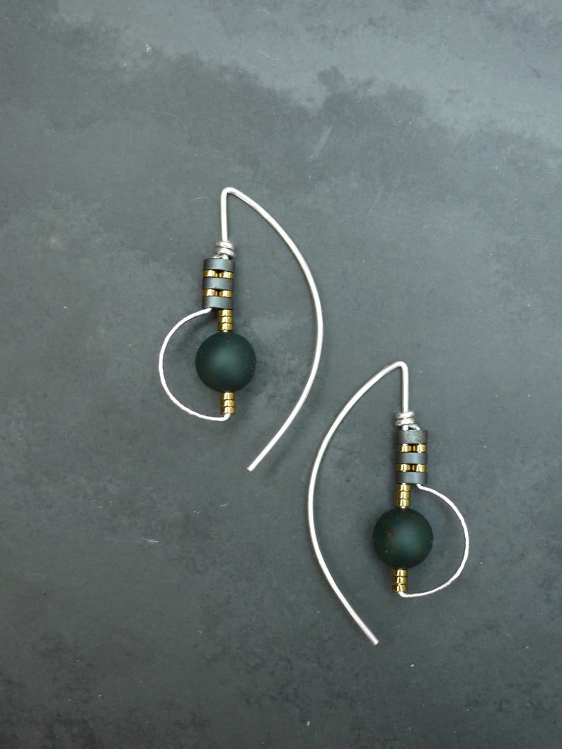 Silver Gold Fill Drop Threader Earrings with Matte Moss Agate Stone and Hematite Beads image 2