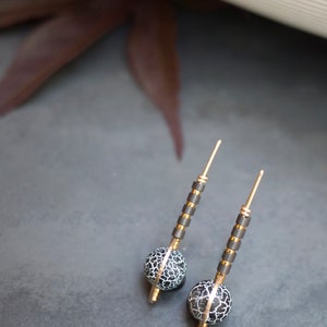 Gold Fill Drop Earrings, Snowflake Obsidian Earrings, Mixed Metal Earrings, Sculptural Bead Earrings, Black Gold Earrings image 3
