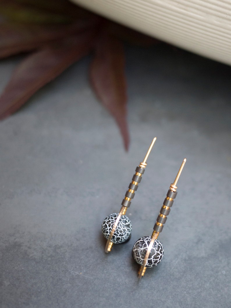 Gold Fill Drop Earrings, Snowflake Obsidian Earrings, Mixed Metal Earrings, Sculptural Bead Earrings, Black Gold Earrings image 3