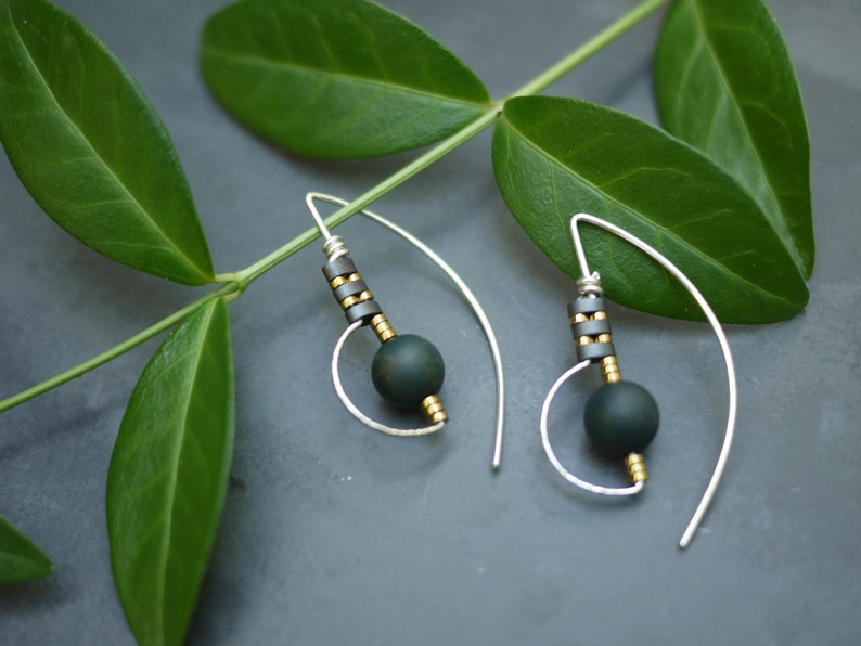 Silver Gold Fill Drop Threader Earrings with Matte Moss Agate Stone and Hematite Beads image 1
