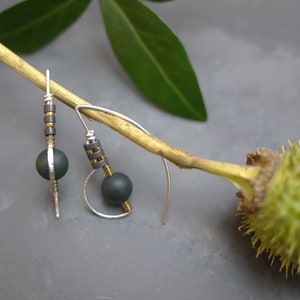 Silver Gold Fill Drop Threader Earrings with Matte Moss Agate Stone and Hematite Beads image 3