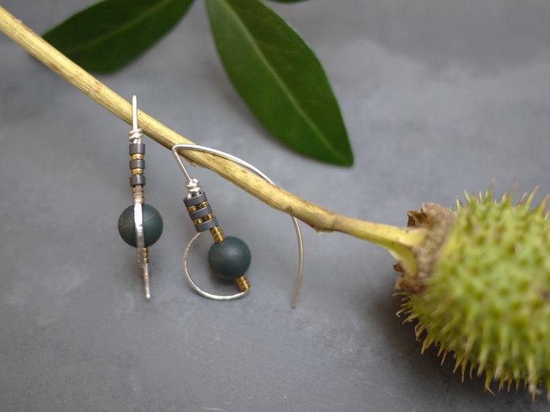 Silver Gold Fill Drop Threader Earrings with Matte Moss Agate Stone and Hematite Beads image 3
